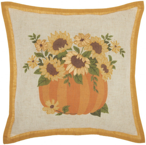 18" X 18" Natural Blown Seam Handmade Linen Blend Thanksgiving Pumpkin And Sunflowers Throw Pillow