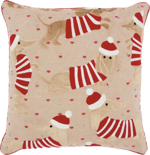 18" X 18" Lightbrown White And Red Zippered 100% Cotton Christmas Throw Pillow