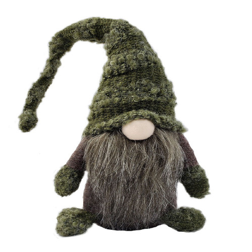 16" Moss Green and Gray Nubby Hat Fabric Sitting Gnome Sculpture