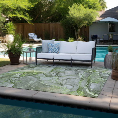 10' X 14' Green Abstract Washable Non Skid Indoor Outdoor Area Rug