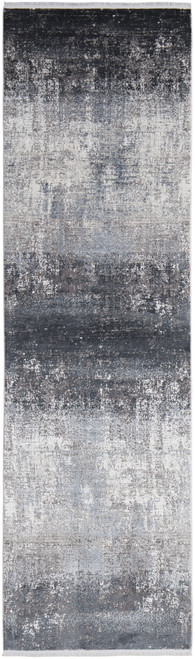 10' Gray and Black Abstract Power Loom Distressed Runner Rug With Fringe