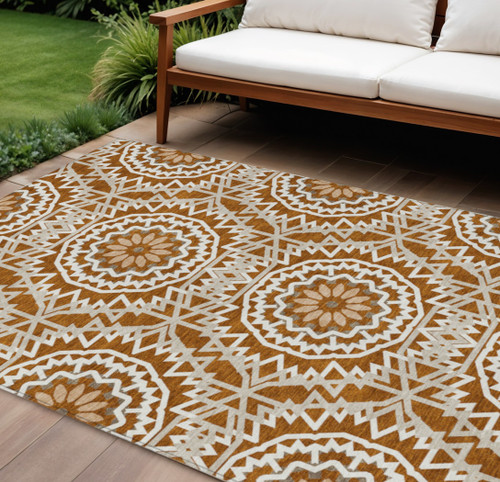 10' X 14' Orange Copper And Beige Floral Medallion Washable Indoor Outdoor Area Rug