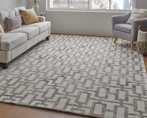 2' X 3' Ivory And Taupe Wool Geometric Tufted Handmade Area Rug