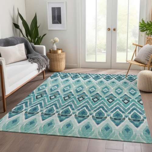10' X 14' Teal Blue Aqua And Mint Green Southwestern Washable Indoor Outdoor Area Rug