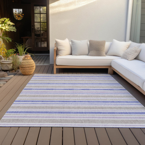 8' X 10' Ivory Blue and Gray Striped Washable Indoor Outdoor Area Rug