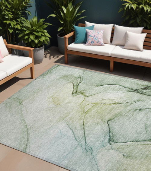 10' X 14' Green Abstract Washable Non Skid Indoor Outdoor Area Rug