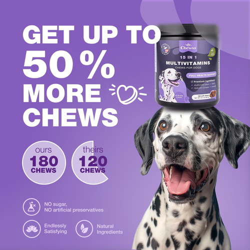 Dog Vitamins 15 in 1 Dog Multivitamin Chews with MSM for Hip & Joint Health Dog Supplement for Itchy Skin Relief Multivitamin for Dogs Immune Support