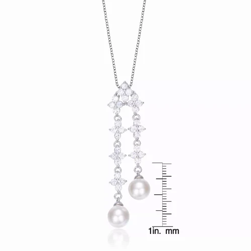 Collette Z Sterling Silver Faux Pearl and Cubic Zirconia Triple Flower Necklace