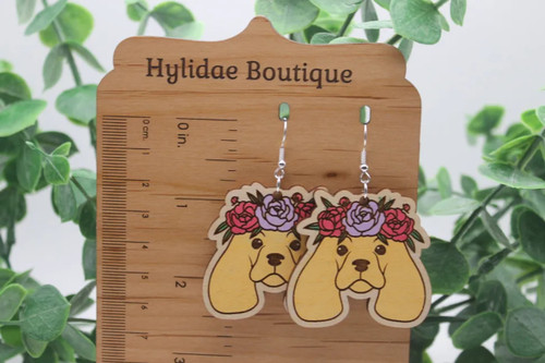 Floral Crown Cocker Spaniel || Wood Dangle Earrings || Hypoallergenic