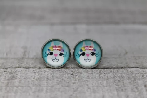 Floral Crown Llama on Blue  Glass Stud Earrings