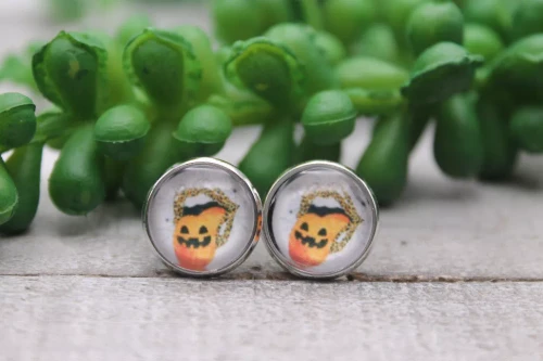 Jack O Lantern Tongue Out Spider Webs || Glass Stud Earrings || Hypoallergenic