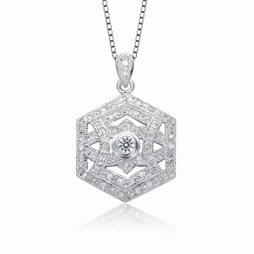 Collette Z Sterling Silver with Rhodium Plated Clear Round Cubic Zirconia Solitaire with Accent Hexagon Drop Necklace