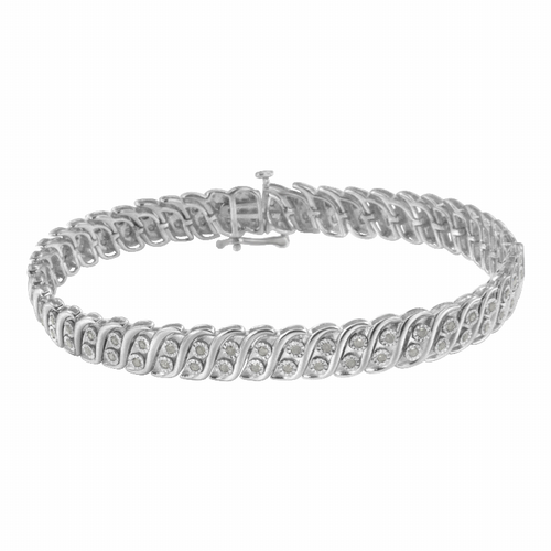 .925 Sterling Silver 1.0 Carat Total Weight Miracle Set Diamond Two Row S Link Bracelet -7.75"