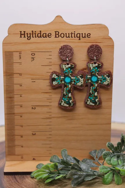 Cow & Turquoise Cross || Acrylic Dangle Earrings || Hypoallergenic