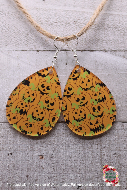 Jack-O-Lantern Pumpkin Teardrop Acrylic Dangle Earrings