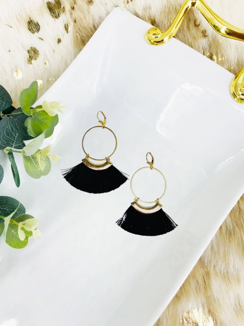 Hoop & Black Tassel Pendant Earrings 