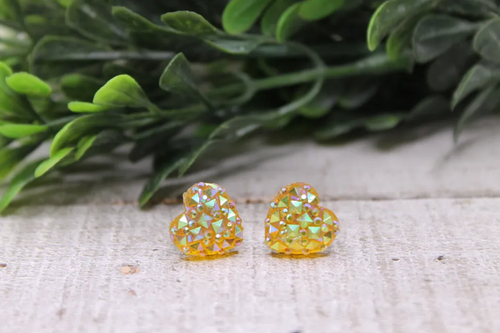 Yellow Iridescent Faceted Heart Stud Earrings