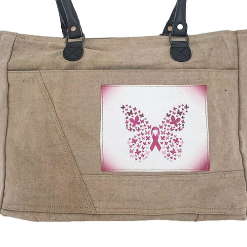 Pink Ribbon Butterfly Recycled Military Tent Shoulder Bag