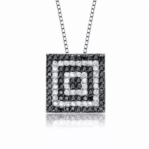 Collette Z Sterling Silver with Rhodium Plated Clear and Black Round Cubic Zirconia Square Drop Necklace