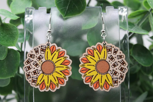 Sunrise Sunflower & Coffee Cups || Wood Dangle Earrings || Hypoallergenic