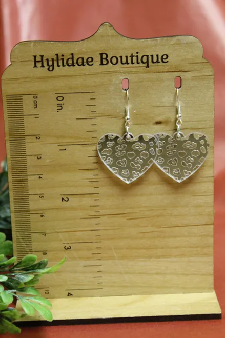 Silver Mirrored Leopard Hearts Valentine's Day Drop Earrings