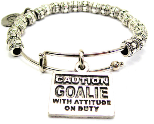 Caution: Goalie With Attitude On Duty Metal Beaded Bangle Bracelet