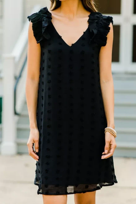 Dot V Neck Ruffled Sleeveless Mini Dress