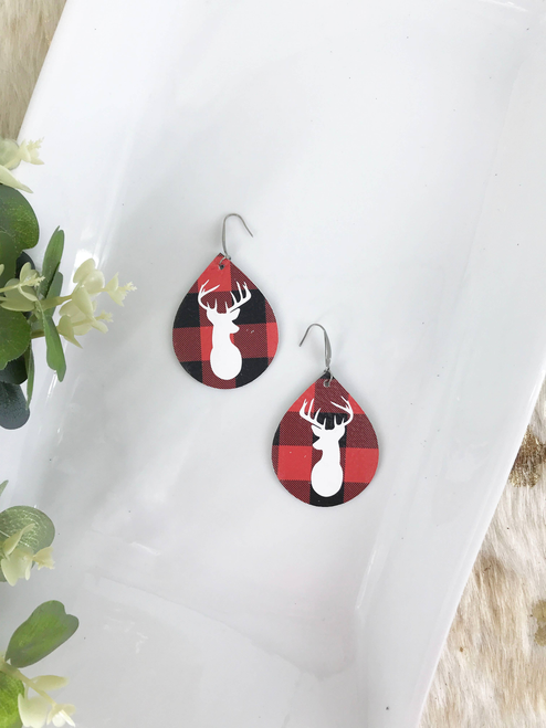 Buffalo Plaid Leather Stag Head Earrings 