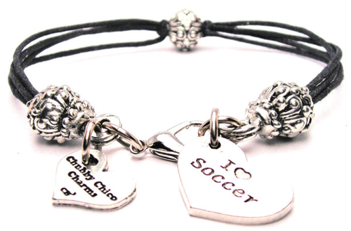 I Love Soccer Heart Pewter Beaded Black Cord Bracelet