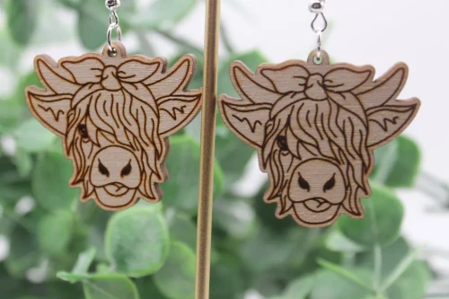 Highland Cow with Headband Wood Dangle Earrings