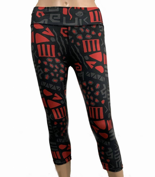 Black/Red Leopard Print Leggings With Control Top- 3/4
