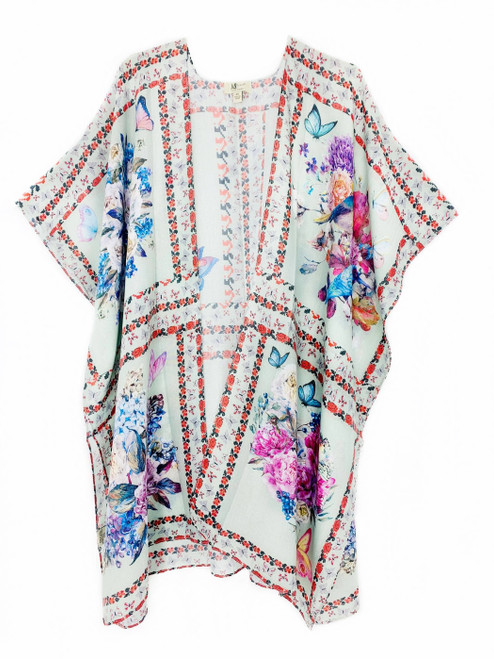 Aqua Floral Bird Border-Accent Kimono