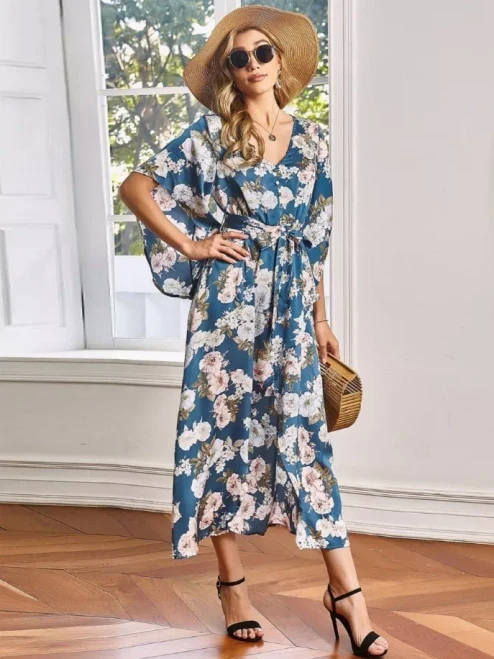 V-Neck Floral Wrap Dress