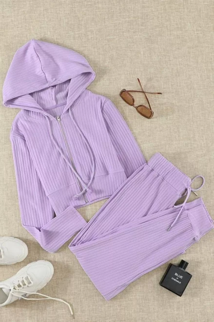 Ribbed Knit Cropped Hoodie and Jogger Set