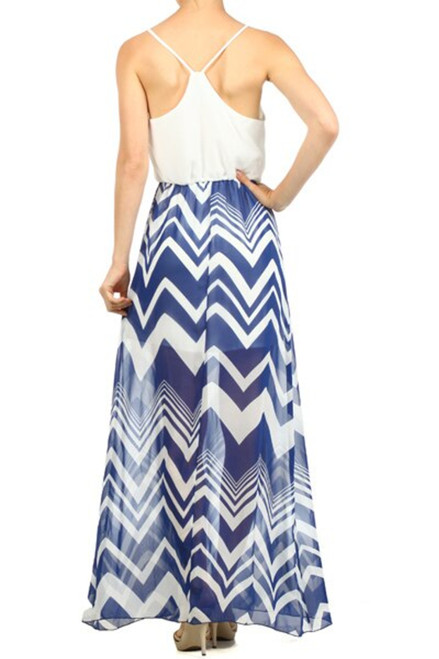 Duo Fabric Chevron Print Scoop Neck Spaghetti Straps Maxi Dress