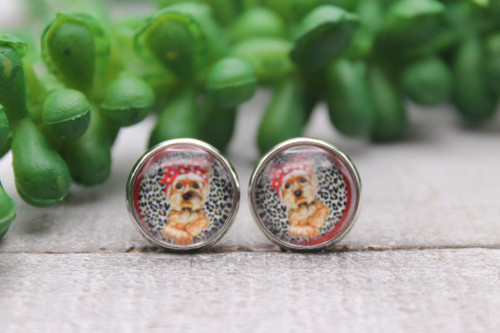 Yorkie on Leopard || Glass Stud Earrings || Hypoallergenic