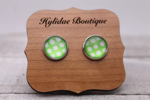 Green & White Polka Dots  Glass Stud Earrings