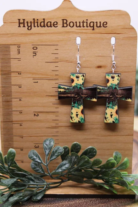 Sunflower & Wood Cross || Dangle Earrings || Hypoallergenic