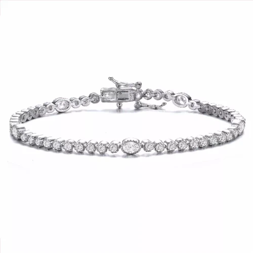 Collette Z Sterling Silver with Rhodium Plated Clear Round and Oval Cubic Zirconia Bezel Set Tennis Bracelet