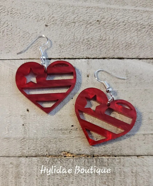 Red Pearl Flag Heart Dangle Earrings