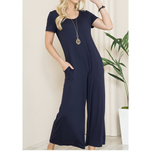 Solid Short Sleeve V Neck Jumpsuit with Low Back