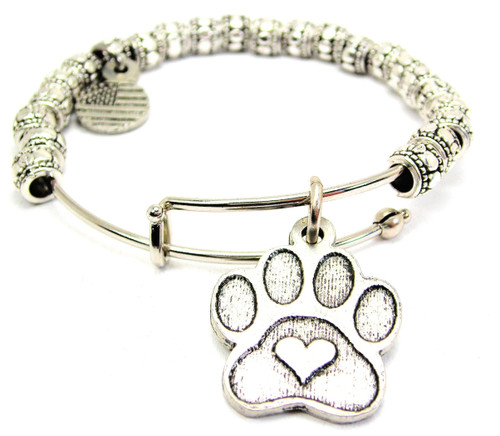 Center Heart Paw Print Metal Beaded Bangle Bracelet