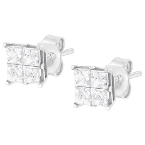 10 Karat White Gold 1.00 Carat Total Weight Invisible Set Princess-Cut Diamond Composite Square Shape Stud Earrings 