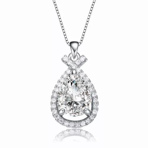Collette Z Rhodium Plated Clear Cubic Zirconia Pear Pendant Necklace