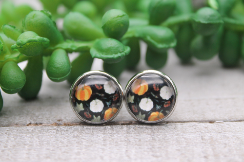 Orange & White Pumpkins on Black || Glass Stud Earrings || Hypoallergenic