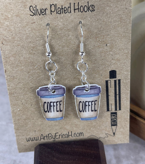 Blue - To-Go Coffee Cup Handmade Shrink Plastic Dangle Earrings