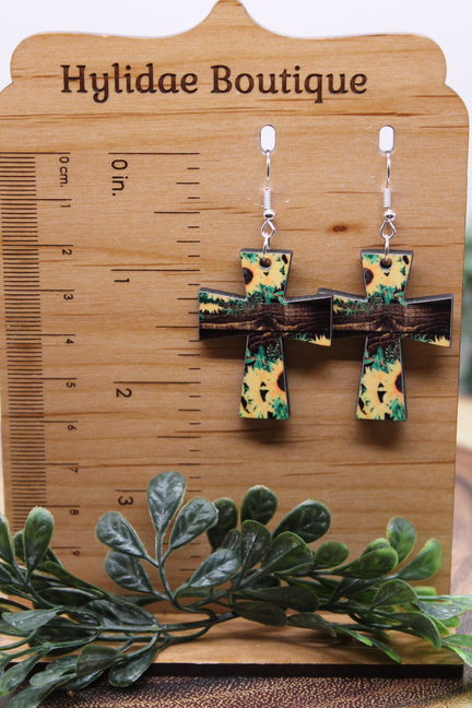 Sunflower & Wood Cross || Dangle Earrings