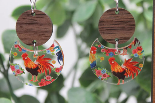 Floral Rooster Dangle Earrings