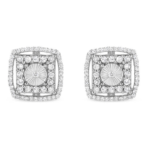 .925 Sterling Silver 1.0 Cttw Round Diamond Double Halo and Disc Stud Earring (I-J Color, I2-I3 Clarity)