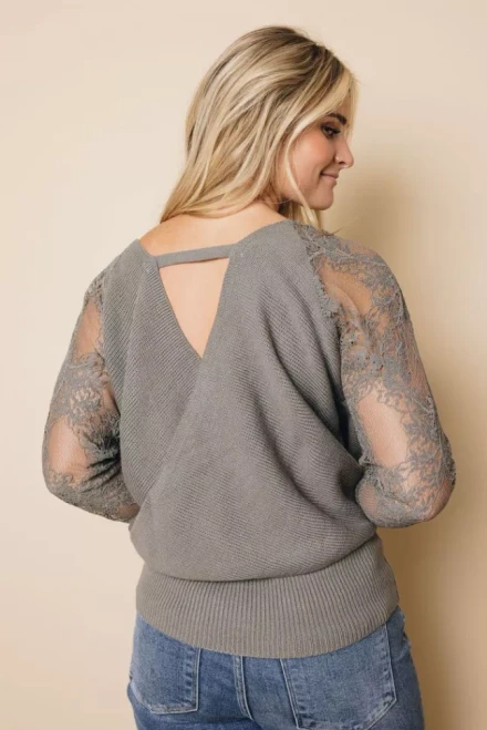 V Neck Hollow-out Sweater with Lace Sleeves